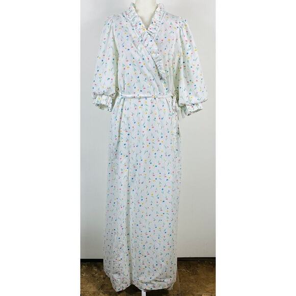 Vintage 1980's Miss Elaine Size Medium Floral Print Robe White Cotton Blend - Picture 1 of 9